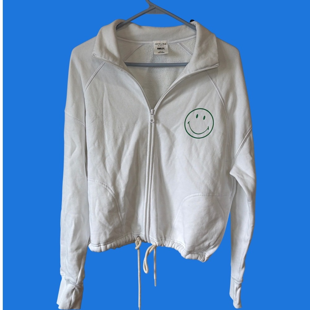 OFFLINE by Aerie x Smiley White Zip Graphic Sweatshirt XS Sunset Beach Coastal